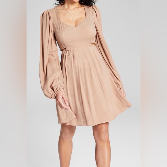 Elegant Long Sleeve Tan Dress - Picture 1 of 4